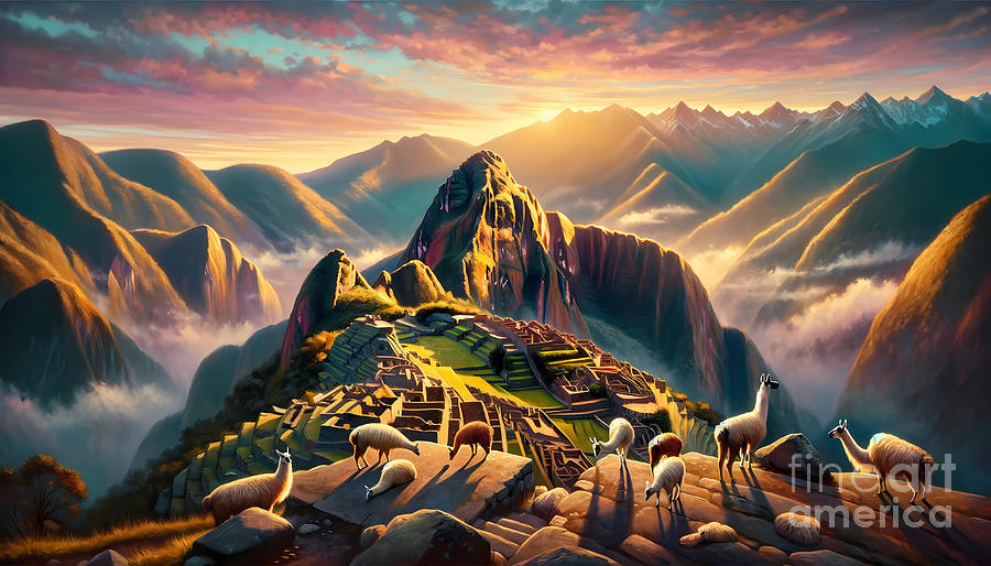 Llama Painting - A view from the top of Machu Picchu at sunrise, with llamas grazing and the Andes in the distance by Jeff Creation