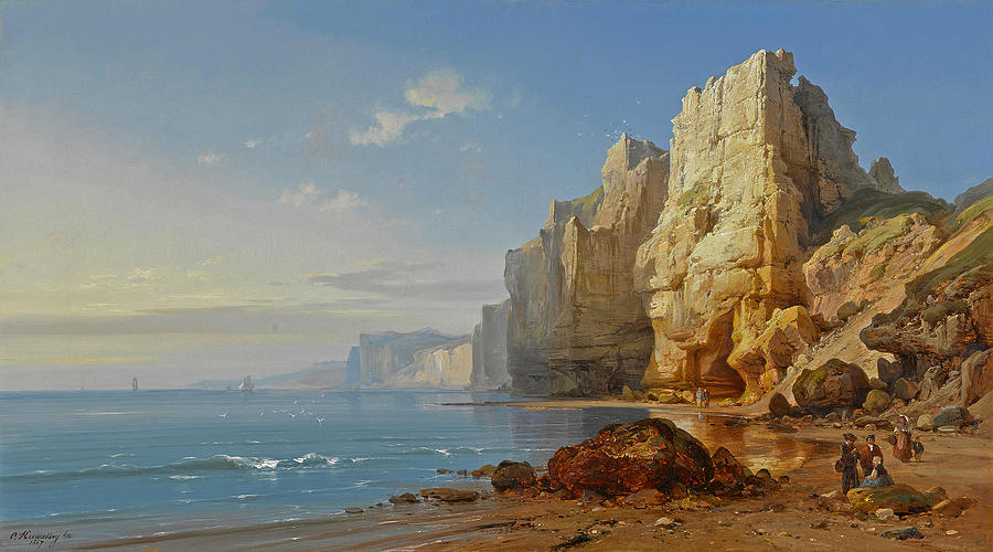 A view of coastal cliffs with figures in the foreground Painting by Charles Euphrasie Kuwasseg