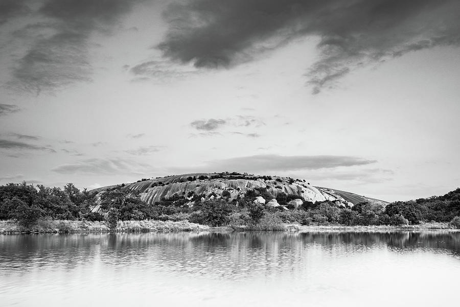 Black And White Photograph - A View of Enchanted Rock from Moss Lake in Black and White  - Texas by Ellie Teramoto