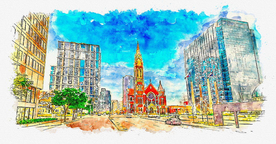 A view of Ross Avenue in Dallas near the Cathedral Shrine of the Virgin of Guadalupe Digital Art by Nicko Prints