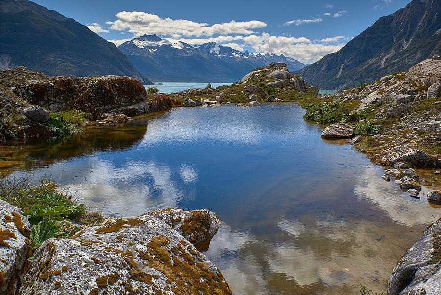 A view of the lake Los Leones from the rocky west shore next to the glacier. Photograph by Fotografías Jorge León Cabello
