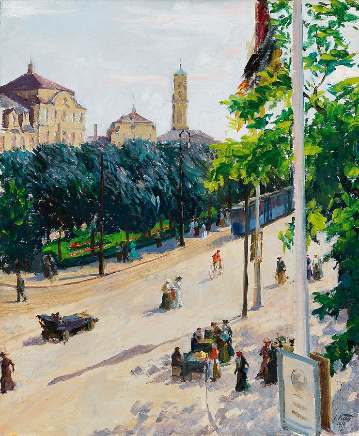 A View Of The Southern Stachus Rondell, The Sonnenstrasse And Old St. Matthews Church Painting by Mountain Dreams
