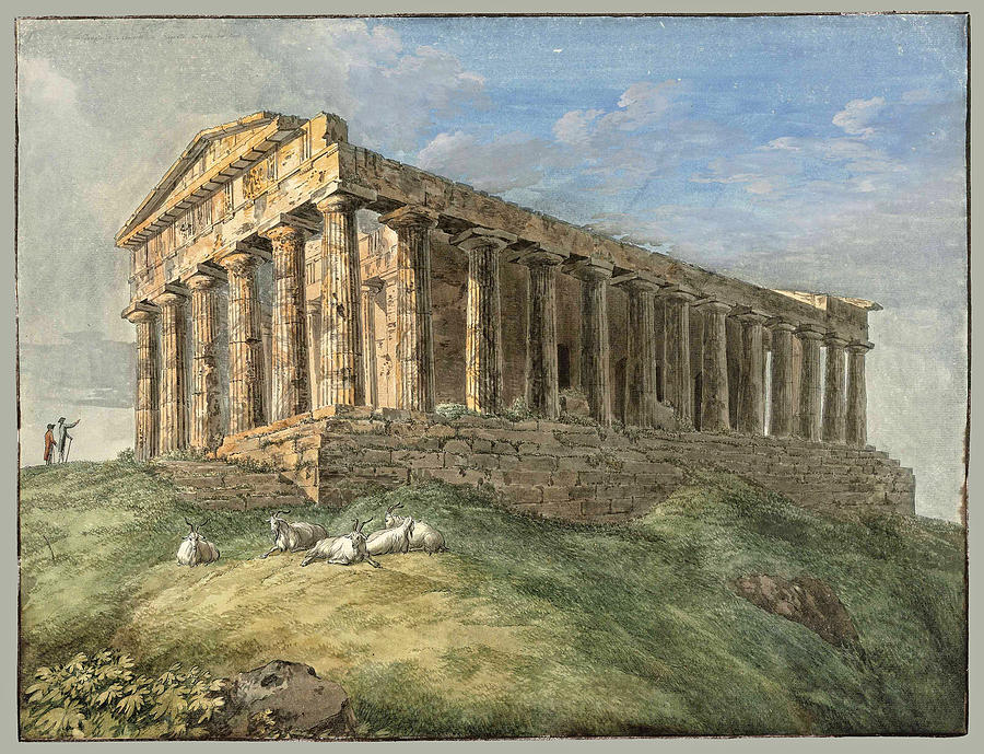 Jacob Philipp Hackert Drawing - A view of the Temple of Concordia at Agrigento, with two figures and goats in the foreground by Jacob Philipp Hackert
