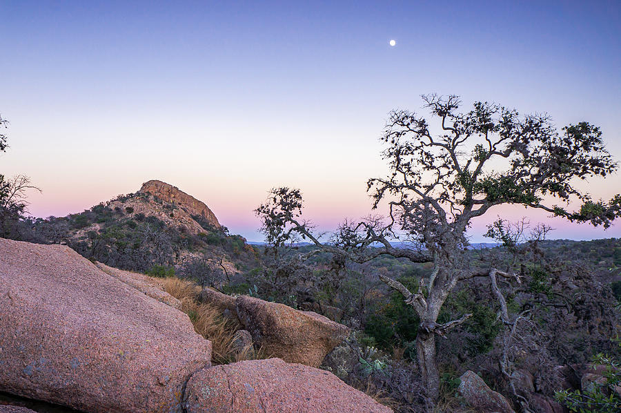 A View of Turkey Peak from Enchanted Rock in the Evening - Texas Photograph by Ellie Teramoto