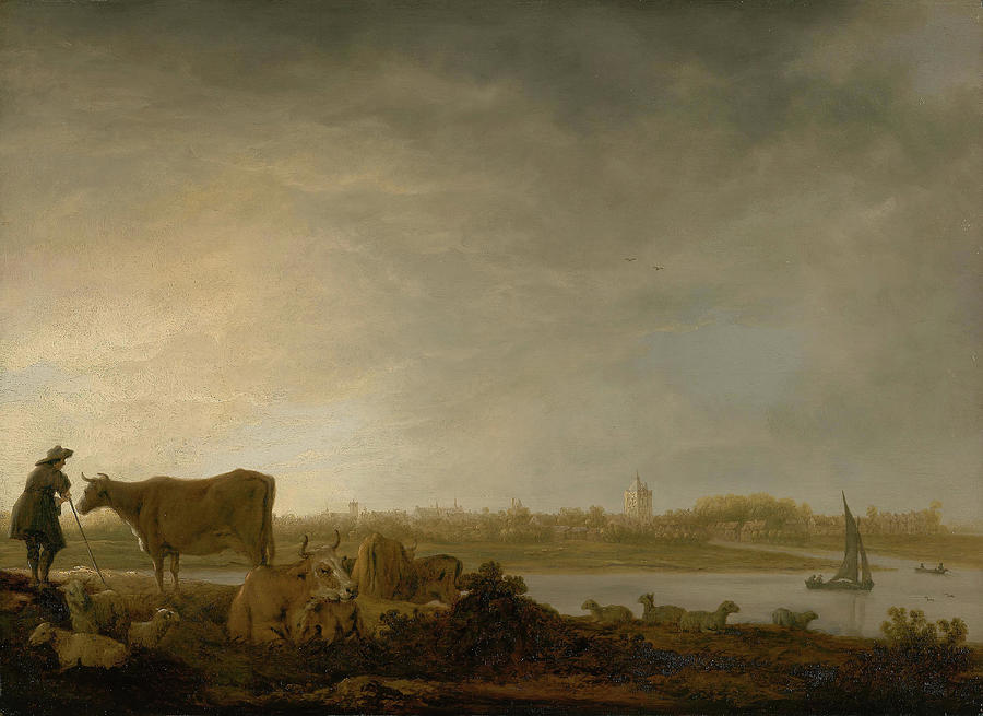 A View of Vianen with a Herdsman and Cattle by a River. Aelbert Cuyp, Dutch, 1621-1691. Painting by Aelbert Cuyp