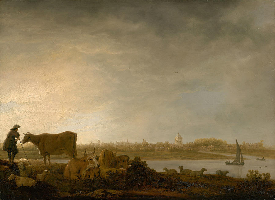 A View of Vianen with a Herdsman and Cattle by a River Painting by Aelbert Cuyp