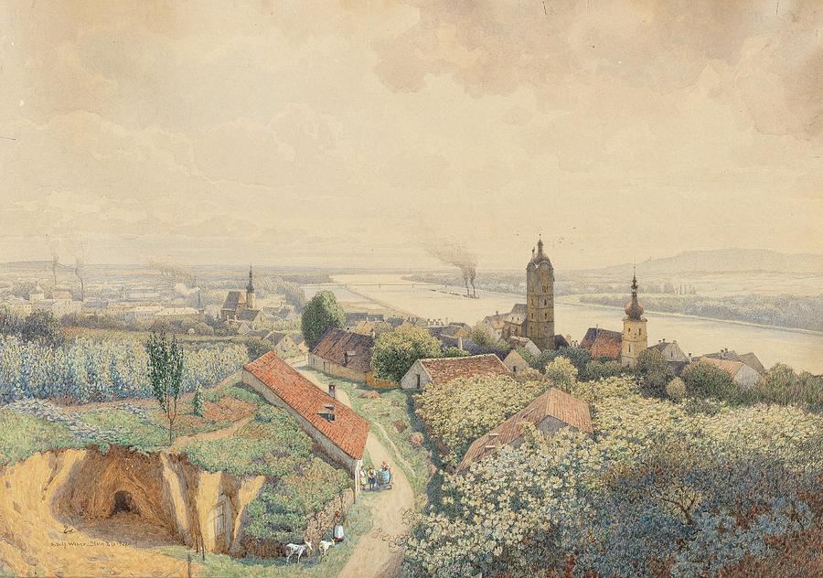 A view over Stein and Krems to Danube river, Painting by MotionAge Designs