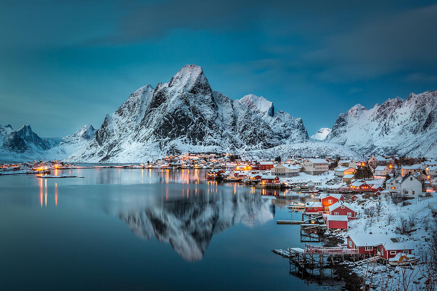 A village at night in Reine, Norway. Photograph by Kenneth Schoth