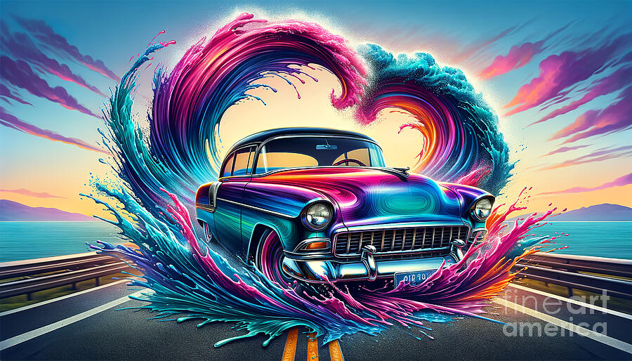 A vintage car is caught in the center of a colorful, swirling wave that forms a heart shape  Digital Art by Odon Czintos