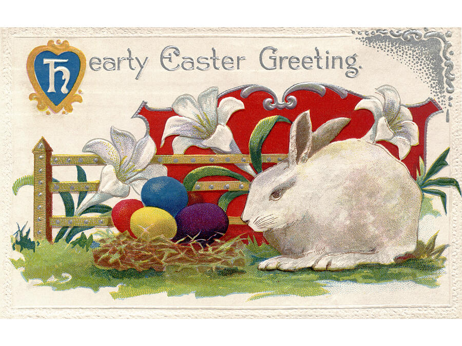 A vintage Easter postcard of lilies, a white rabbit and Easter eggs Drawing by Circa A vintage Easter postcard of lilies, a white rabbit and Easter eggs Drawing by Circa