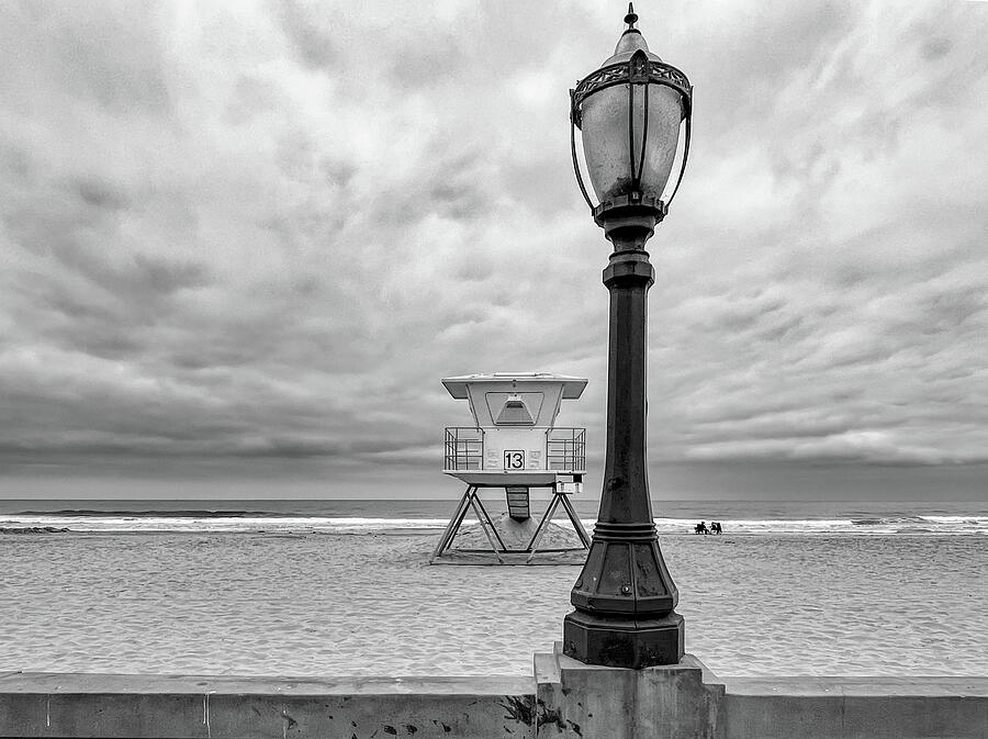 A Mission Beach Strand Seascape with Vintage Light Post and Lifeguard Tower Photograph by Bonnie Colgan