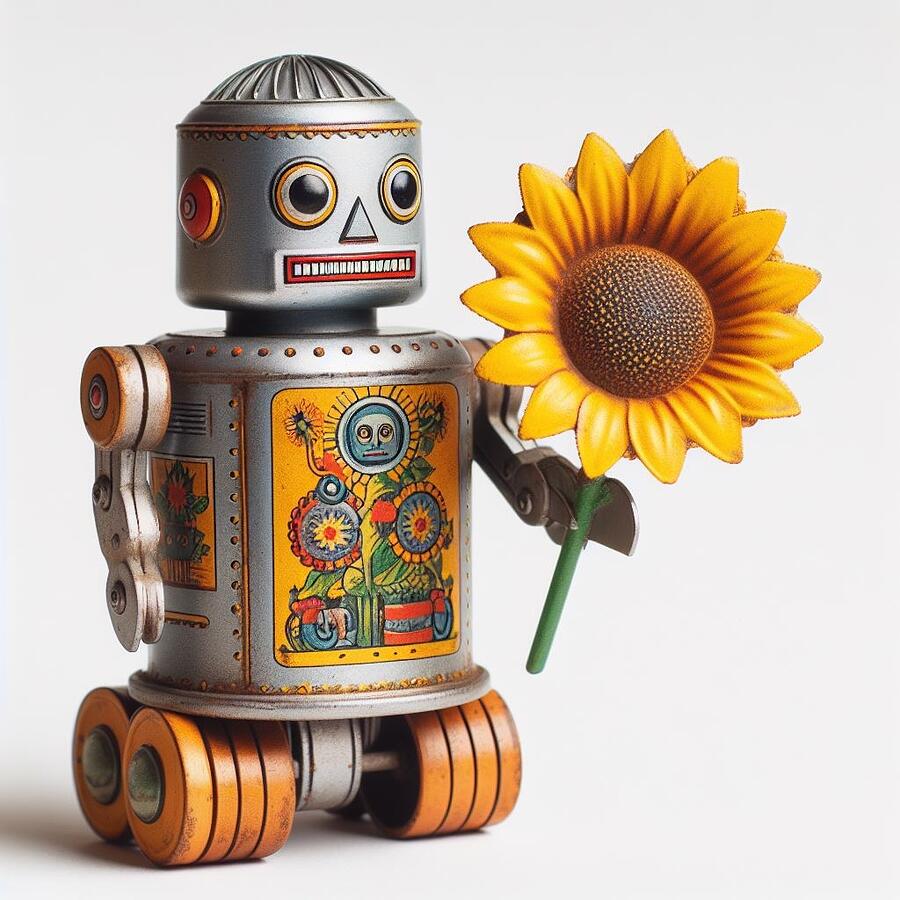 Vintage Digital Art - A vintage-style tin robot toy holding a large sunflower  1 by David Smith