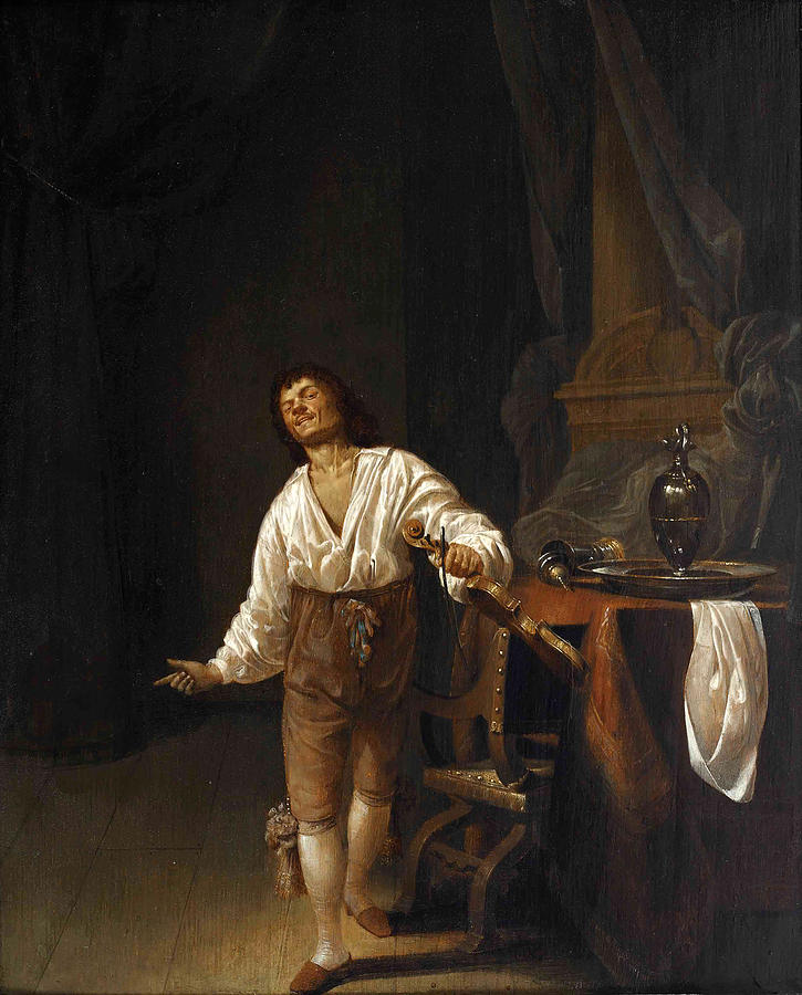 A violin player in an interior with a pewter tankard, jug and platter on a table before a column Painting by Maerten Stoop