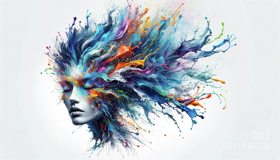 A vivid digital artwork depicting a womans profile blended with an explosive array of colorful pain Digital Art by Odon Czintos