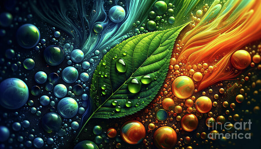 A vivid, digital image showcasing a green leaf with fresh water droplets. Digital Art by Odon Czintos