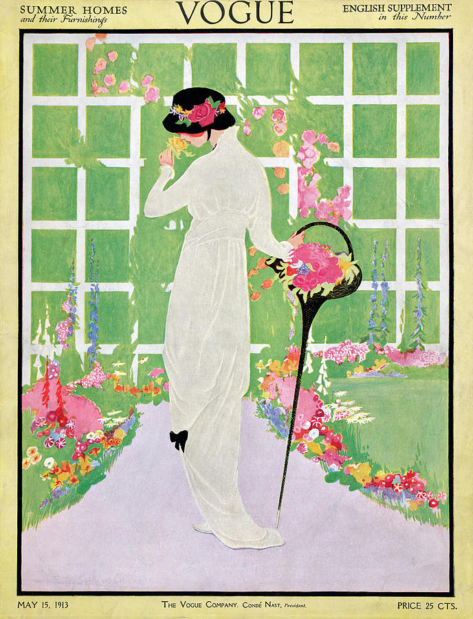 A Vogue Cover of a Woman in a White Dress Walking in a Garden Painting by Ruth Sypherd Clements
