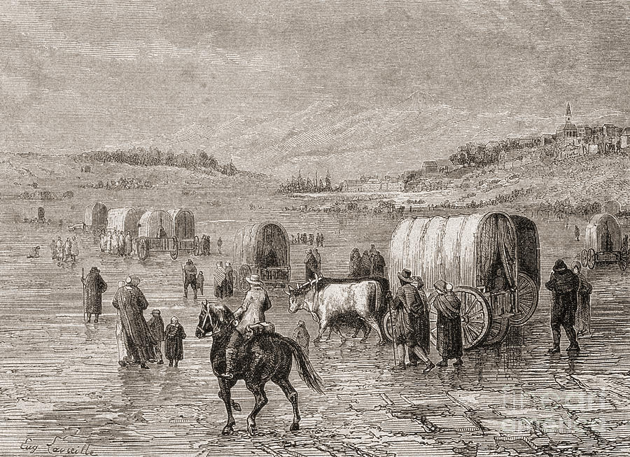 A Wagon Train Heading West in the 1860s Drawing by Eugene Antoine Samuel Lavieille