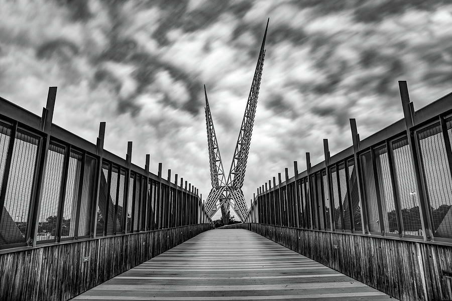A Walk Along The Skydance Scissortail Bridge - Black and White Photograph by Gregory Ballos