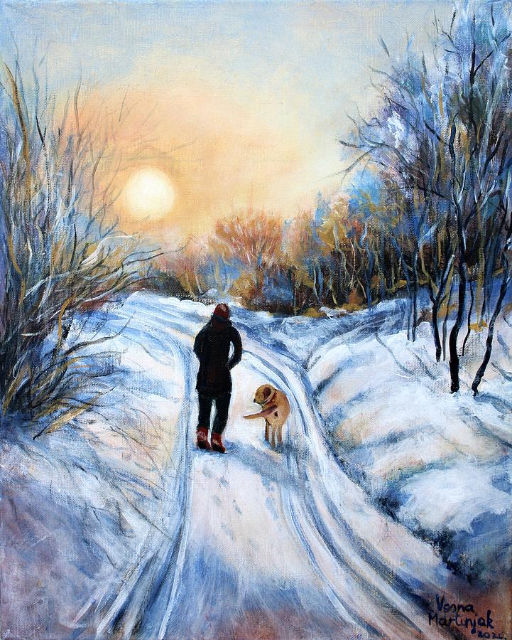 A walk in the snow Painting by Vesna Martinjak