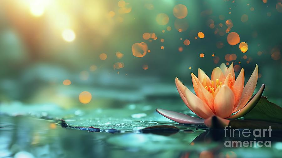 A water lily with a magical glow peacefully floats atop a body of cold blue-green water. Photograph by Joaquin Corbalan