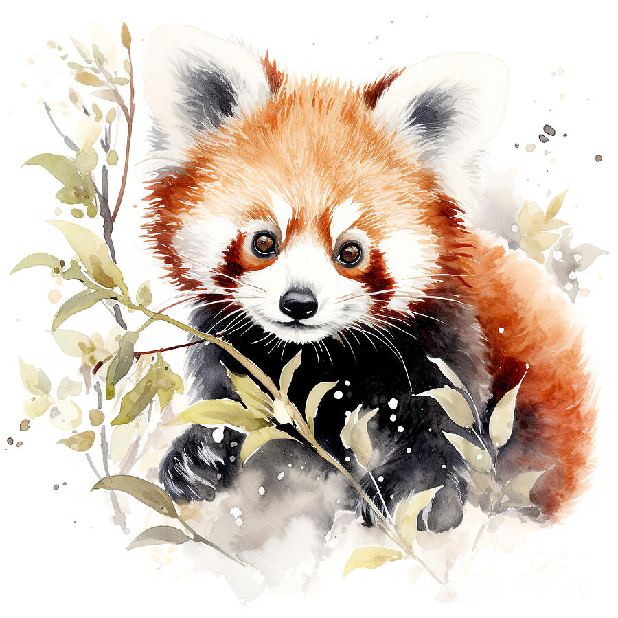 Nature Digital Art - A watercolor painting of a cute red panda over a white background. Portrait with bamboo. by Jane Rix