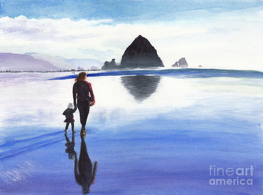 A Watery Walk to Haystack Rock, Oregon Painting by Conni Schaftenaar