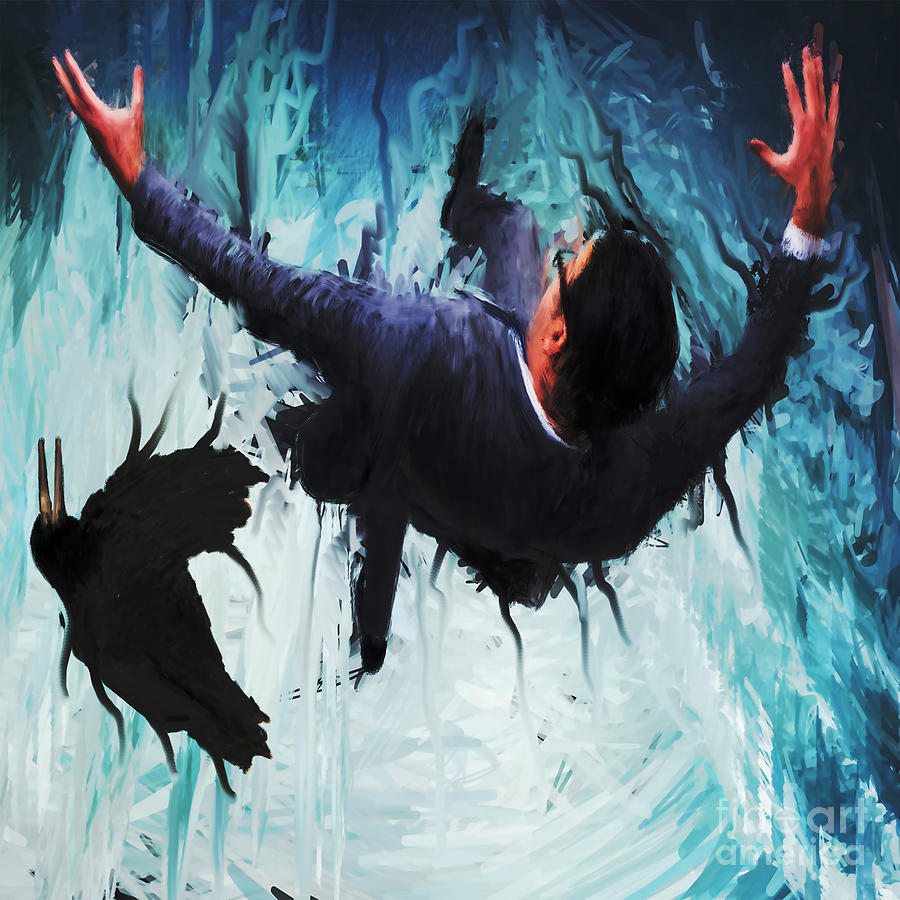Abstract Painting - A well-dressed businessman falling down with a crow from above due to the pull of gravity. loss by Kartick Dutta