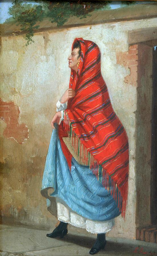 Panel Painting -  A well-dressed Spanish lady with a red shawl and blue skirt in a 1874 painting  Oil on panel  6-12  by Enrique Rumoroso y Valdes