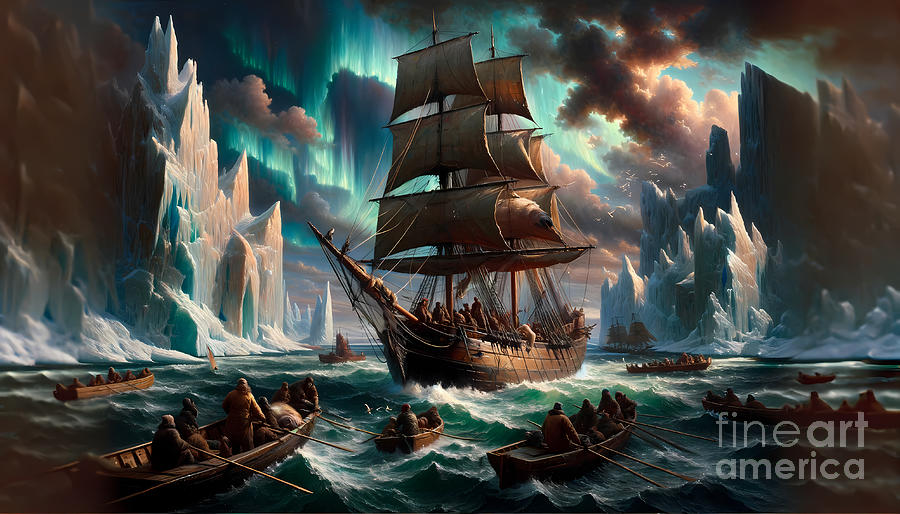 Vintage Painting - A whaling expedition in the Arctic, with icebergs and auroras by Jeff Creation