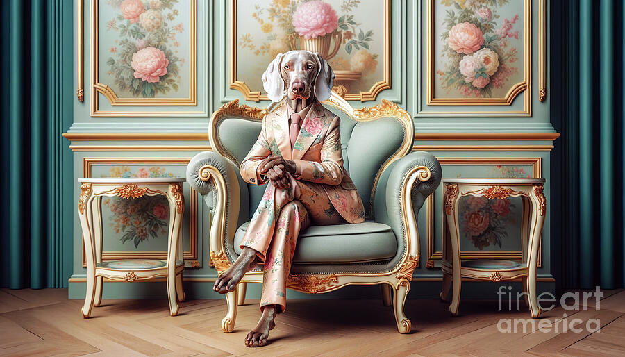 A whimsical depiction of a Weimaraner dog dressed in an elegant Digital Art by Odon Czintos