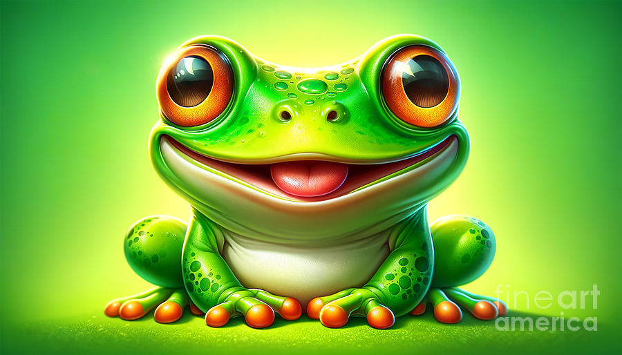 A whimsical illustration of a cheerful green frog with big, shiny eyes Digital Art by Odon Czintos