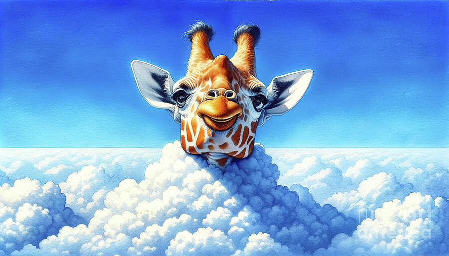 A whimsical illustration of a giraffe head poking through fluffy white clouds Digital Art by Odon Czintos