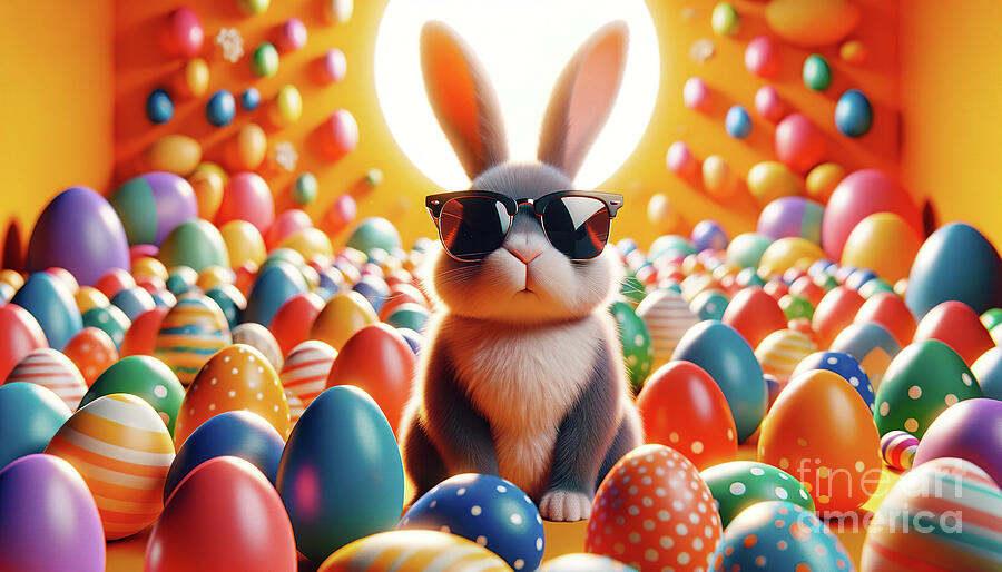 A whimsical image of a bunny wearing sunglasses surrounded by a multitude of colorful Digital Art by Odon Czintos