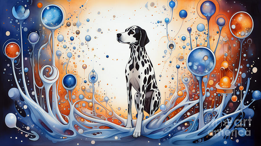 A whimsical painting of a Dalmatian dog amidst abstract, Digital Art by Odon Czintos