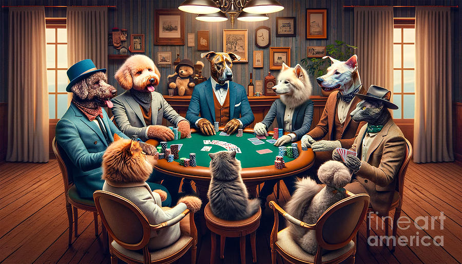 A whimsical scene of anthropomorphic dogs and a cat playing poker Digital Art by Odon Czintos