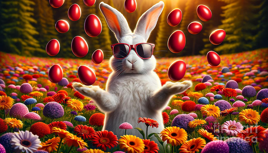 A whimsical white rabbit wearing sunglasses juggles red Easter eggs Digital Art by Odon Czintos