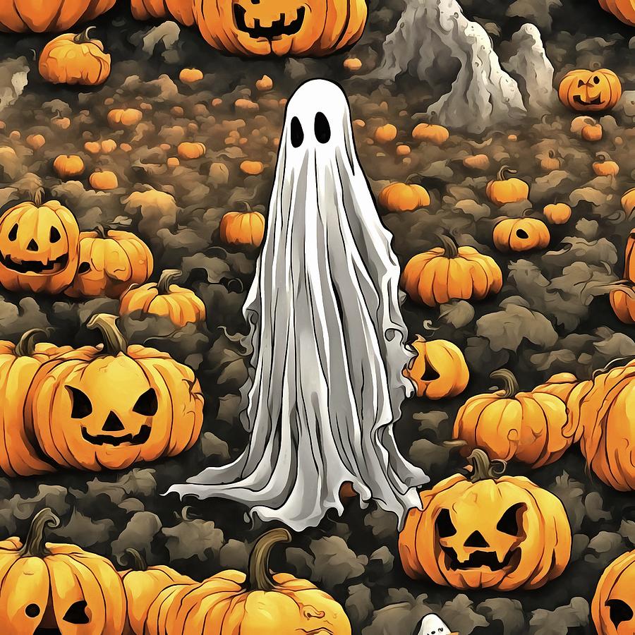 Halloween Painting - A White Ghost In The Jack O Lantern Patch by Taiche Acrylic Art