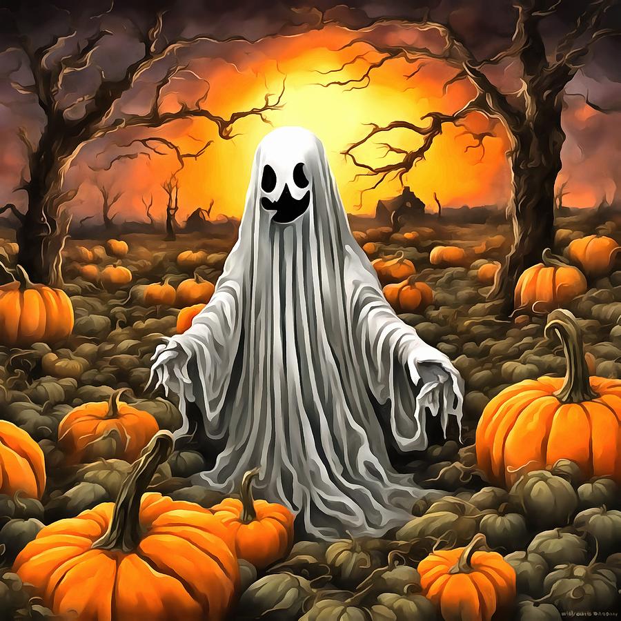 Halloween Painting - A White Ghost In The Pumpkin Patch by Taiche Acrylic Art