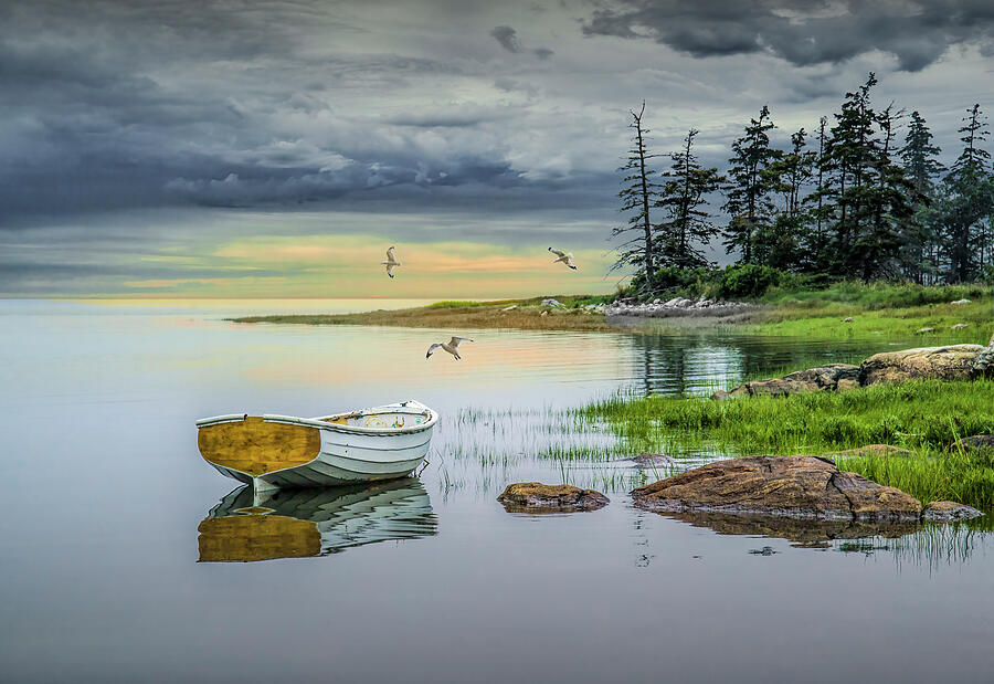 A white wooden boat floats calmly on a tranquil lake under a cloudy sky with gulls flying overhead Photograph by Randall Nyhof A white wooden boat floats calmly on a tranquil lake under a cloudy sky with gulls flying overhead Photograph by Randall Nyhof