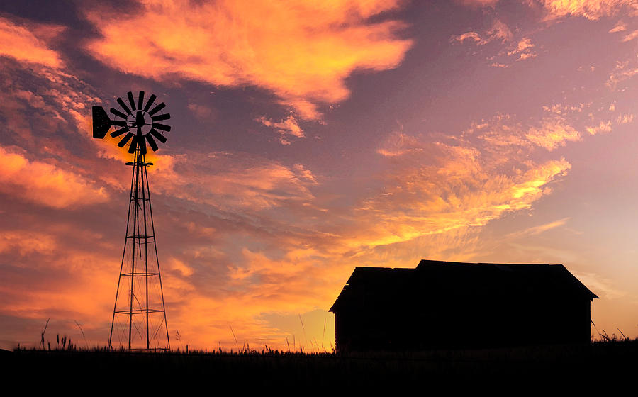 Summer Photograph - A Windmill and Grain Bins by Phil And Karen Rispin
