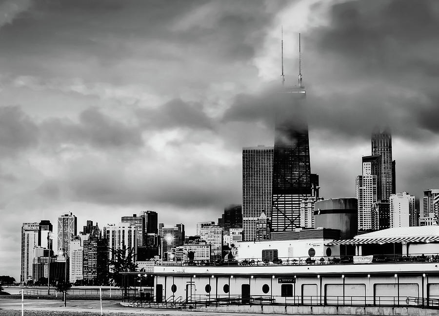 A Windy City View From North Avenue Beach - Black And White Photograph by Gregory Ballos