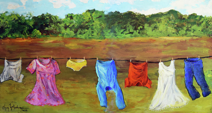 A Windy Clothes Line in  Oklahoma - An Original by Cheri Wollenberg 2022 Painting by Cheri Wollenberg