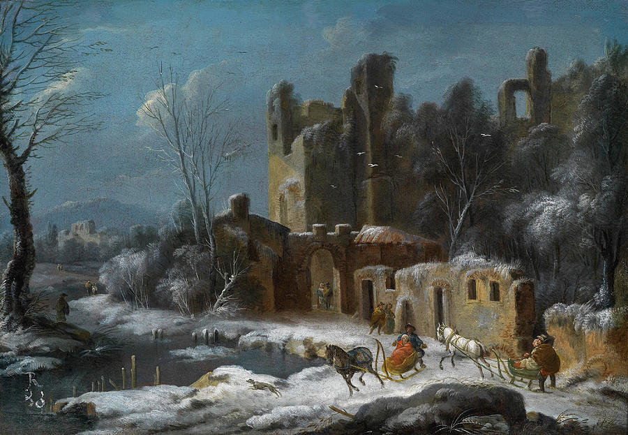 A winter landscape with travelers in horse-drawn sleighs in front of ruins Painting by Thomas Wyck