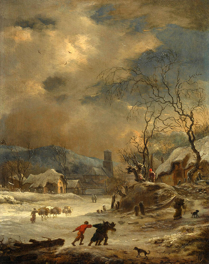 A Winter Landscape With Travellers And figures Gathering Logs On A Frozen River Near A Village Painting by Willem Schellinks