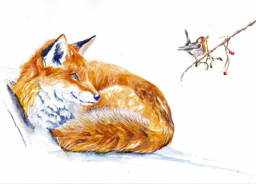 A Winter Truce Fox and Robin redbreast Painting by Debra Hall