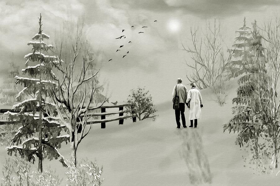 A Winter Walk With Your Love B W Mixed Media by David Dehner