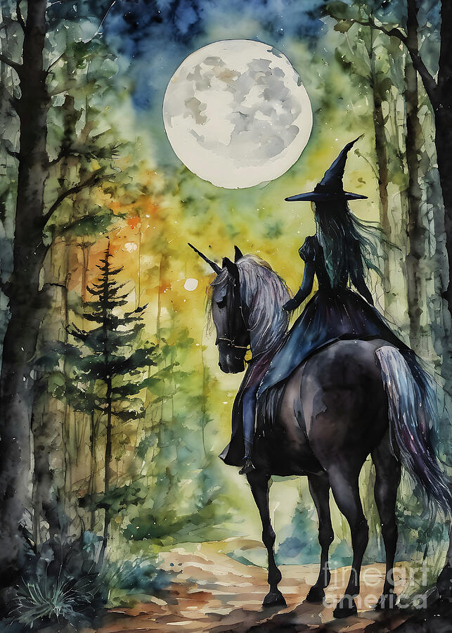 Horse Painting - A Witch and her Midnight Unicorn by Lyra OBrien