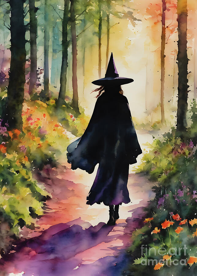 Fall Painting - A Witch in Rainbow Woods by Lyra OBrien