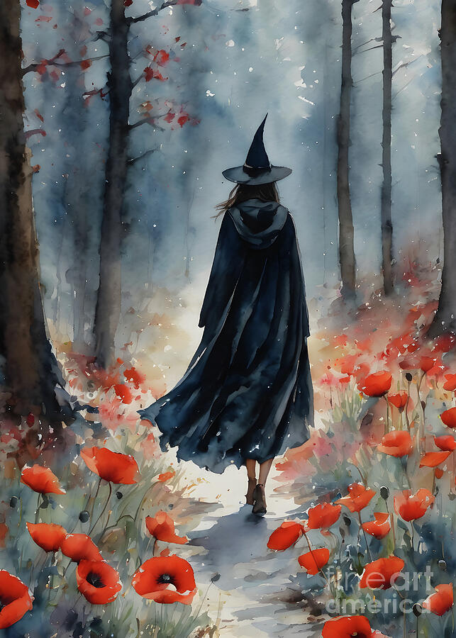 Fall Painting - A Witch in Red Poppy Woods by Lyra OBrien
