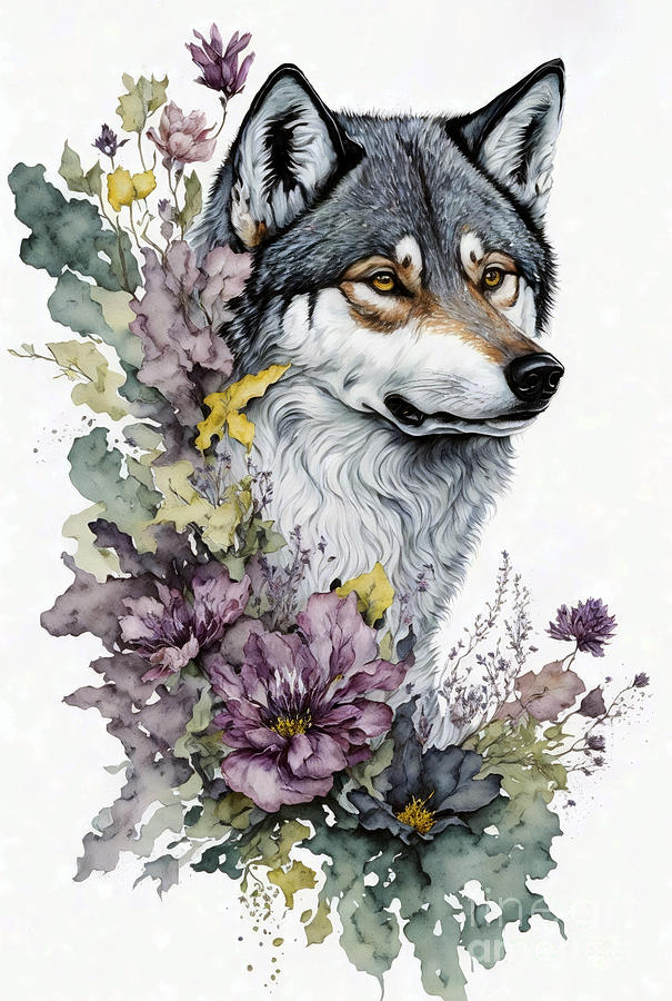 A Wolf is hiding behind pastel coloured flowers against a white background Digital Art by Maria Gaellman